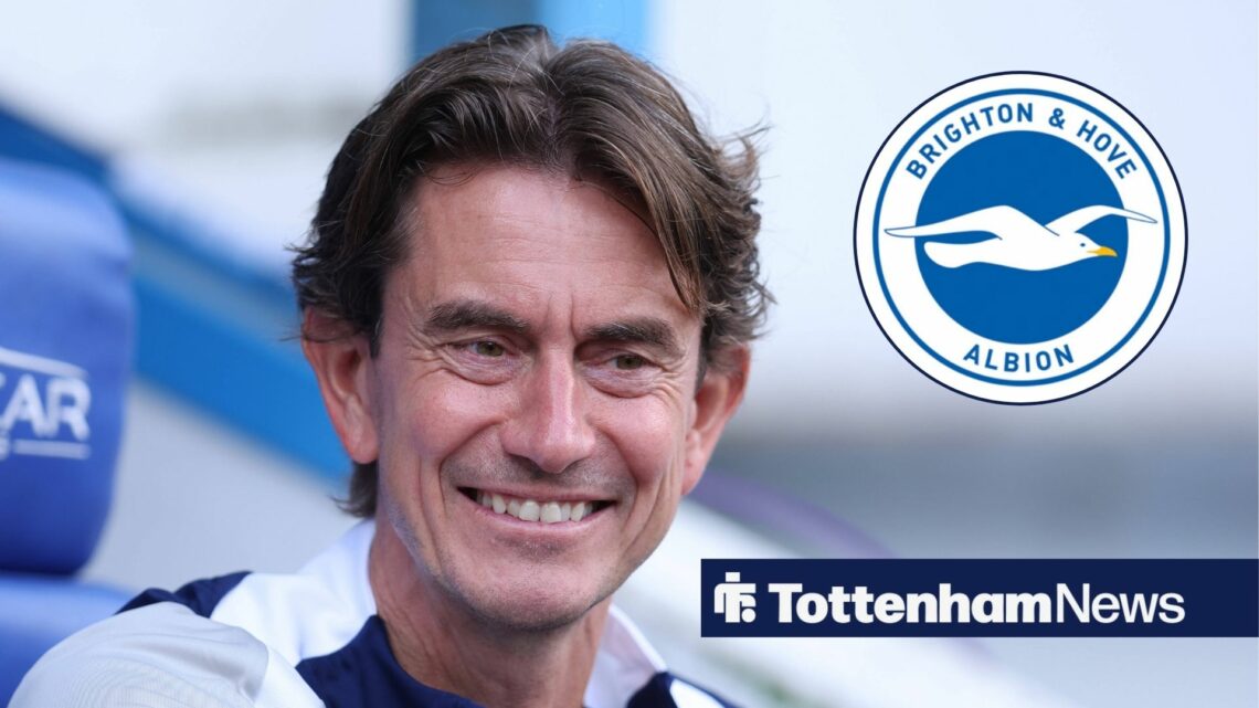 Tottenham boss Thomas Frank smiling on the sidelines and Brighton logo in circular inset