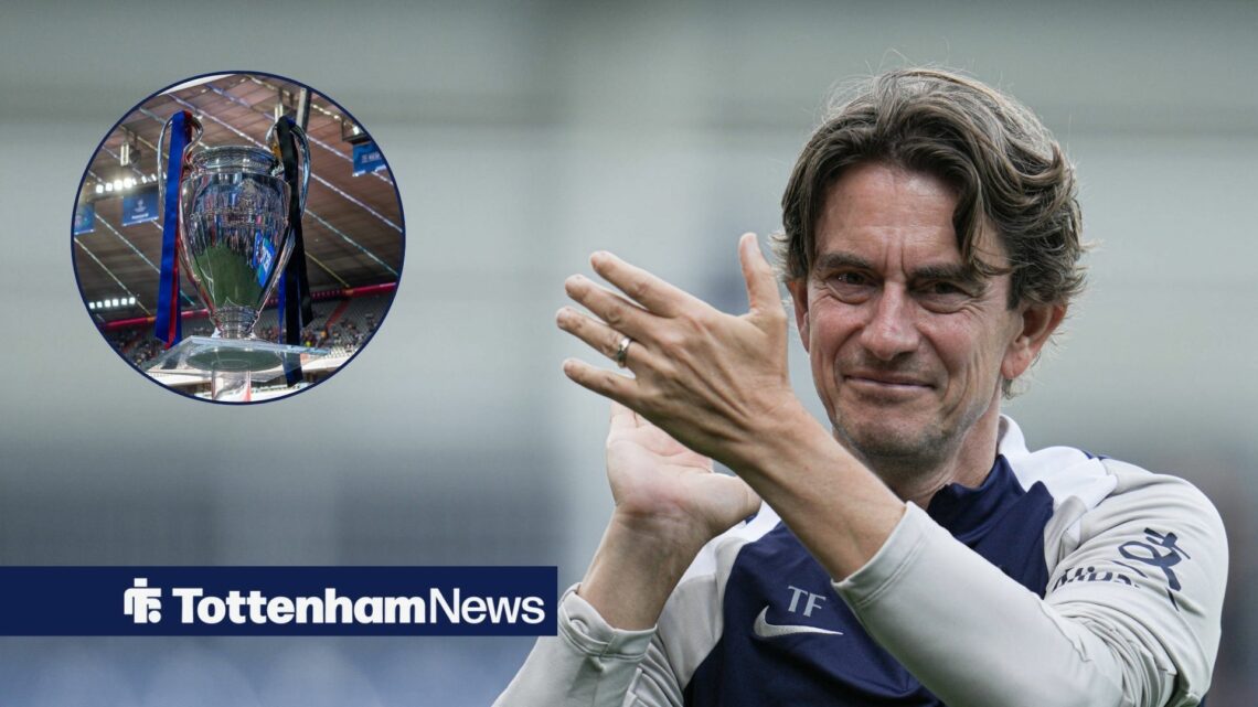 Thomas Frank clapping at the UEFA Champions League trophy in circular inset