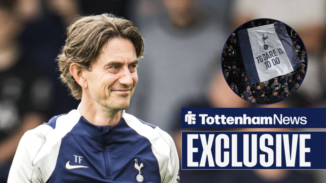 Spurs manager Thomas Frank smiling at Tottenham fans in circular inset