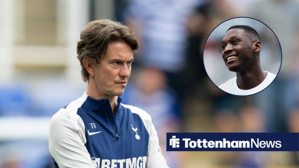 Tottenham coach Thomas Frank looking intently at Randal Kolo Muani in a circular inset
