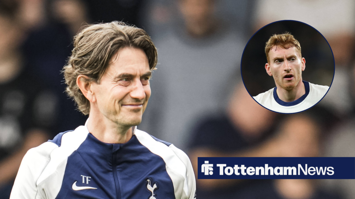 Tottenham manager Thomas Frank looking pleased at Dejan Kulusevski in circular inset