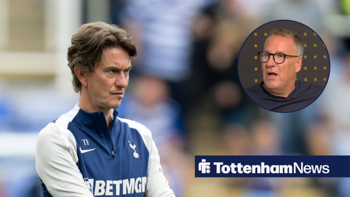 Tottenham chairman Thomas Frank frowning at Paul Merson in circular inset