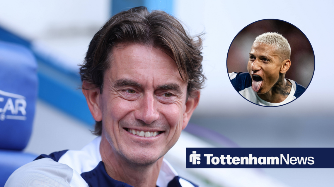 Tottenham boss Thomas Frank smiling at Richarlison in circular inset