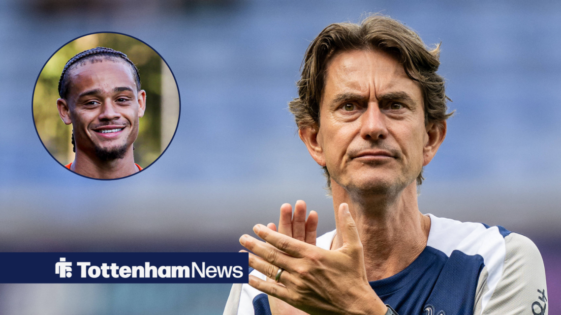 Tottenham coach Thomas Frank clapping and Xavi Simons in circular inset