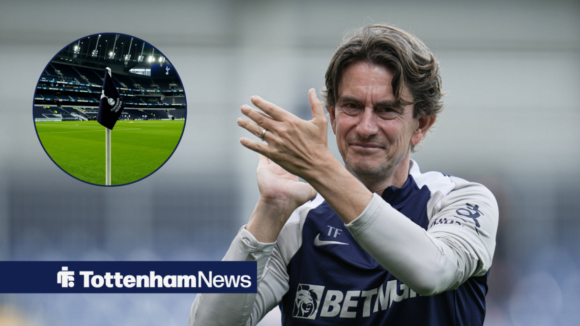 Tottenham manager Thomas Frank clapping happily at the Tottenham Hotspur Stadium in the circular inset.