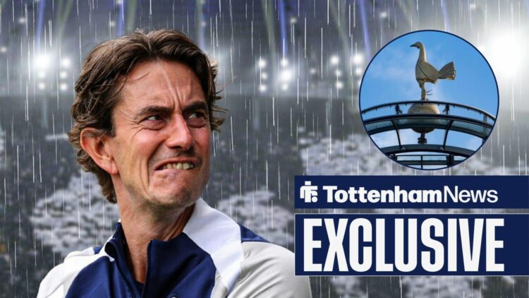 Thomas Frank focusing on Tottenham Hotspur Stadium in circular inset