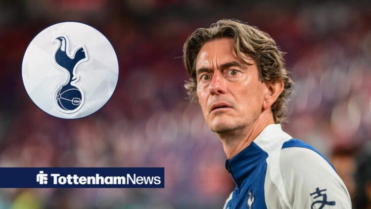 Thomas Frank looking puzzled and Tottenham badge in circular inset