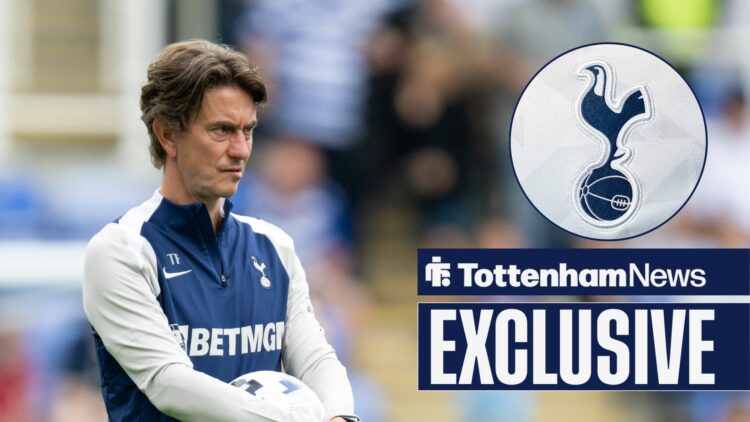 Thomas Frank looks focused at Tottenham Hotspur logo in circular inset