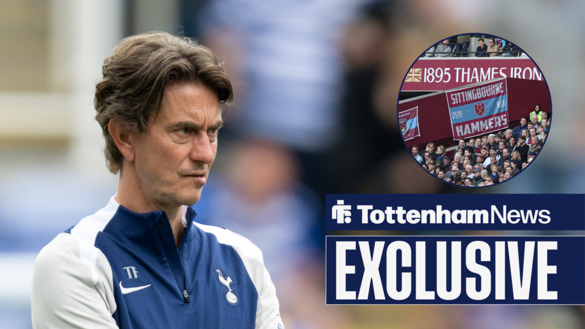 Tottenham manager Thomas Frank frowning at West Ham fans in circular inset