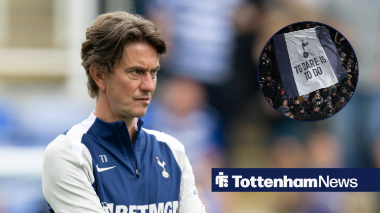 Tottenham manager Thomas Frank looking concernedingly at Tottenham fans in circular inset