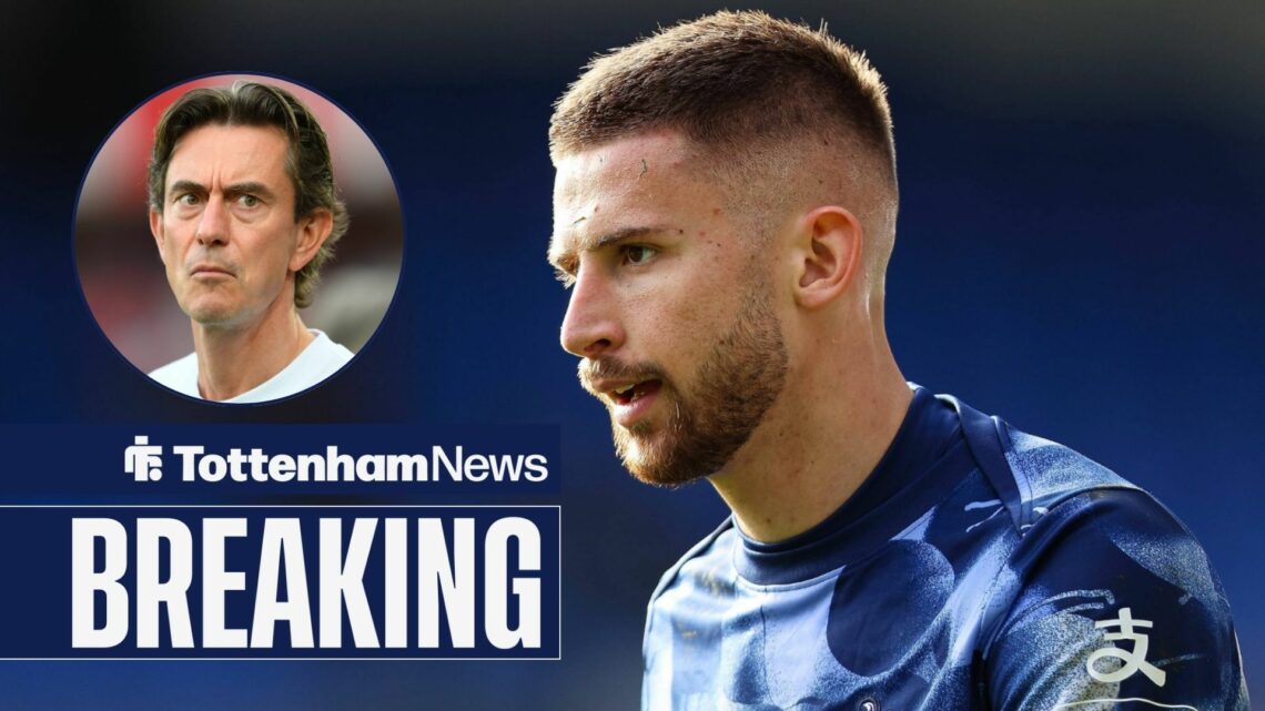 Breaking news as Tottenham goalkeeper Guglielmo Vicario glances at Thomas Frank, who glares back at him from a circular inset.