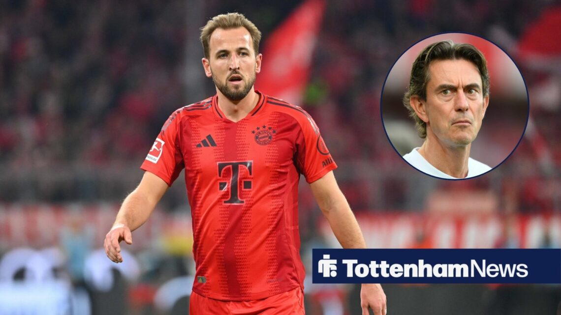Bayern Munich striker Harry Kane is in action during a game, while Tottenham manager Thomas Frank watches on from a circular inset.