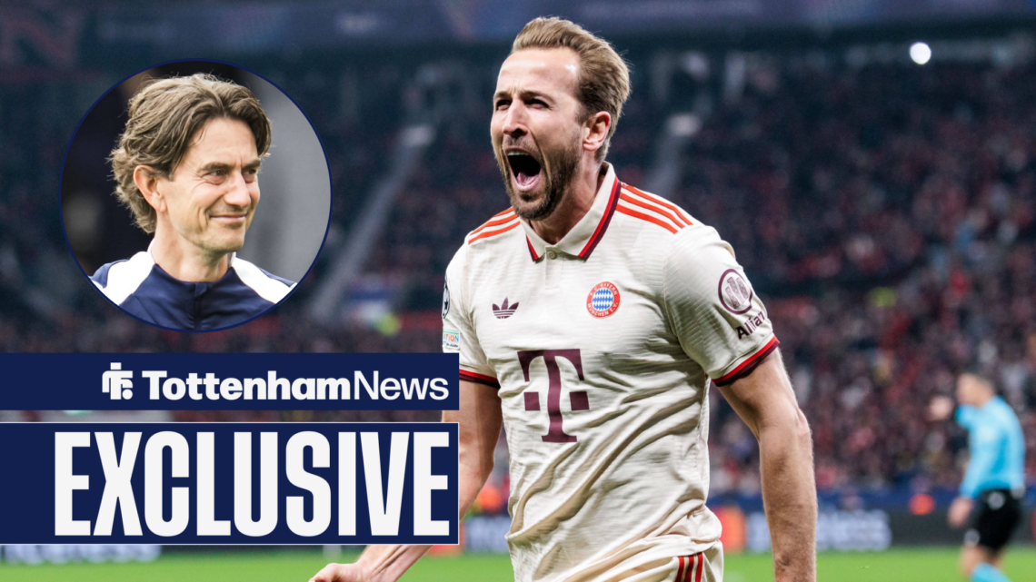Tottenham News exclusive as Bayern Munich star Harry Kane celebrates a goal while Tottenham manager Thomas Frank smiles across in a circular inset.