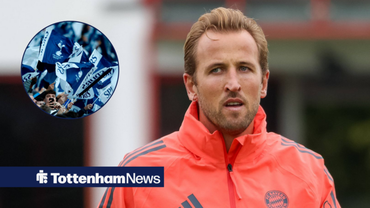 Bayern Munich striker Harry Kane glances to the left, where Tottenham fans wave flags in a circular inset.