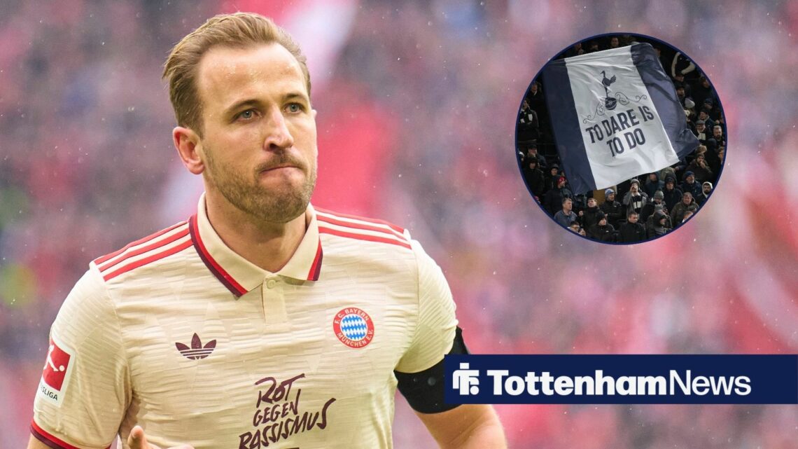Harry Kane playing for Bayern Munich with Tottenham flag in right circular inset