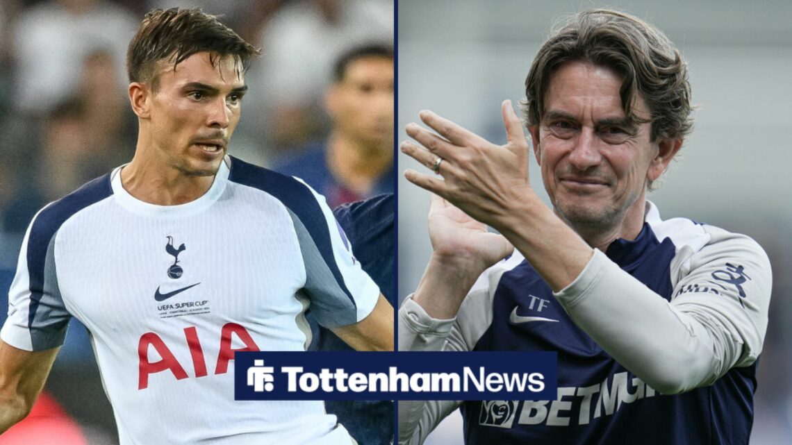 A split image as Joao Palhinha is in action in the left half, while Tottenham manager Thomas Frank smiles and applauds on the right.