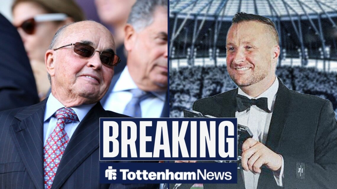 Breaking news as Tottenham chief Joe Lewis stares across a split image towards prospective owner Brooklyn Earick, who grins in the right half of th...