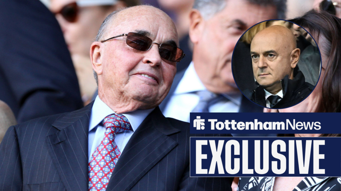 Tottenham News exclusive as owner Joe Lewis glances across at Daniel Levy, who glares in a circular inset.