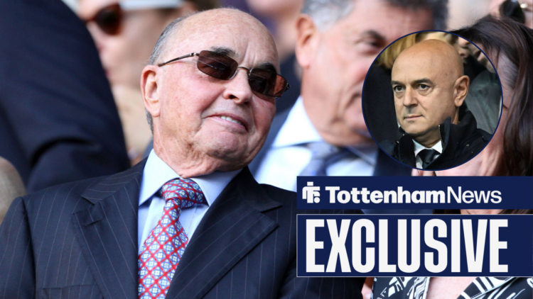 Tottenham News exclusive as owner Joe Lewis glances across at Daniel Levy, who glares in a circular inset.