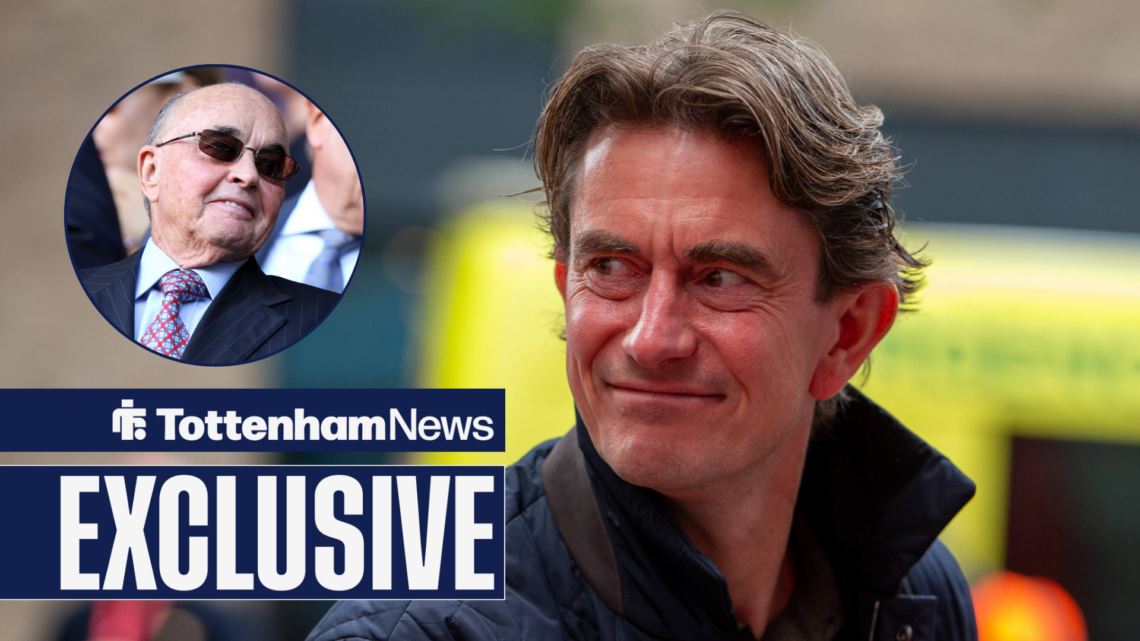Tottenham News exclusive as Thomas Frank smiles across at Spurs and ENIC owner Joe Lewis, who grins in a circular inset.