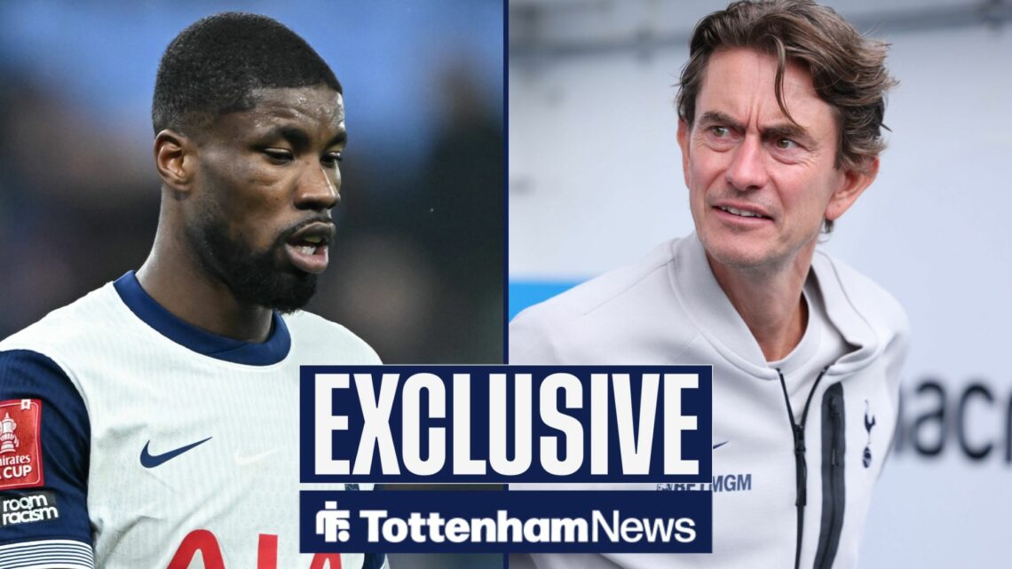 Tottenham News exclusive as Kevin Danso stares at the floor during a game while Thomas Frank watches on with a bemused expression.