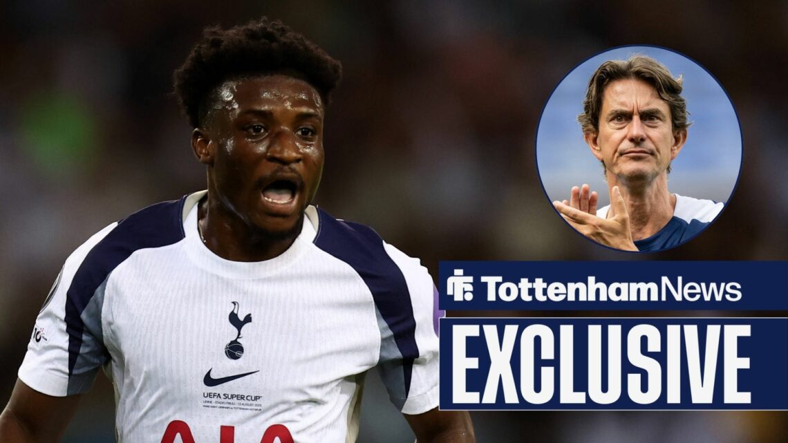 Mohammed Kudus in action for Tottenham and Thomas Frank in circular inset