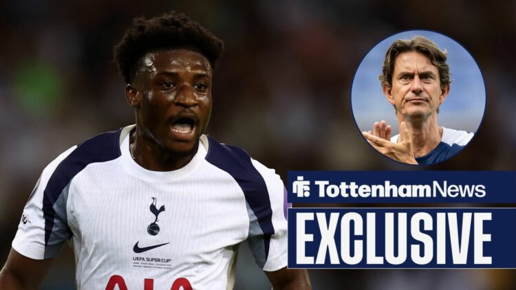 Mohammed Kudus in action for Tottenham and Thomas Frank in circular inset