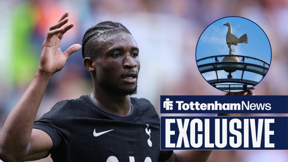 Mohammed Kudus in action for Tottenham and Tottenham Hotspur Stadium in circular inset