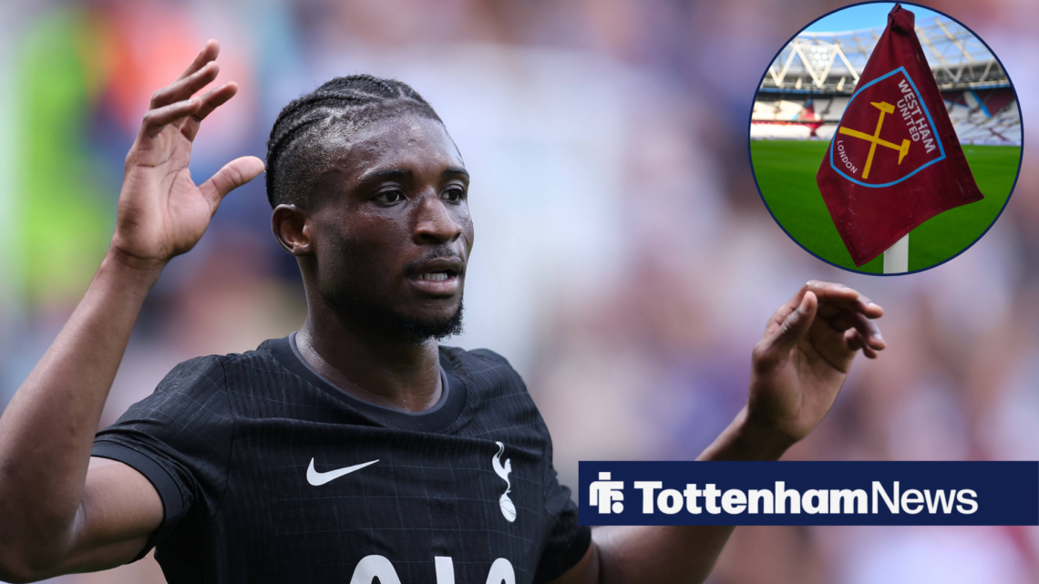 Mohammed Kudus playing for Tottenham with West Ham corner flag in right circular inset