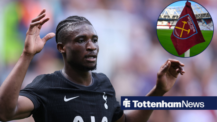 Mohammed Kudus playing for Tottenham with West Ham corner flag in right circular inset