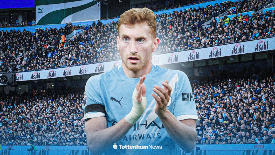 Tottenham star Dejan Kulusevski is pictured in a Manchester City home kit with the Etihad in the background.