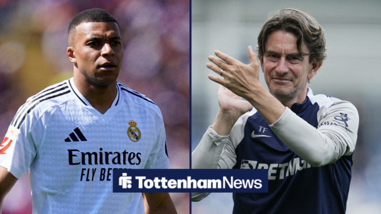 A split image featuring Tottenham manager Thomas Frank applauding Real Madrid star Kylian Mbappe.