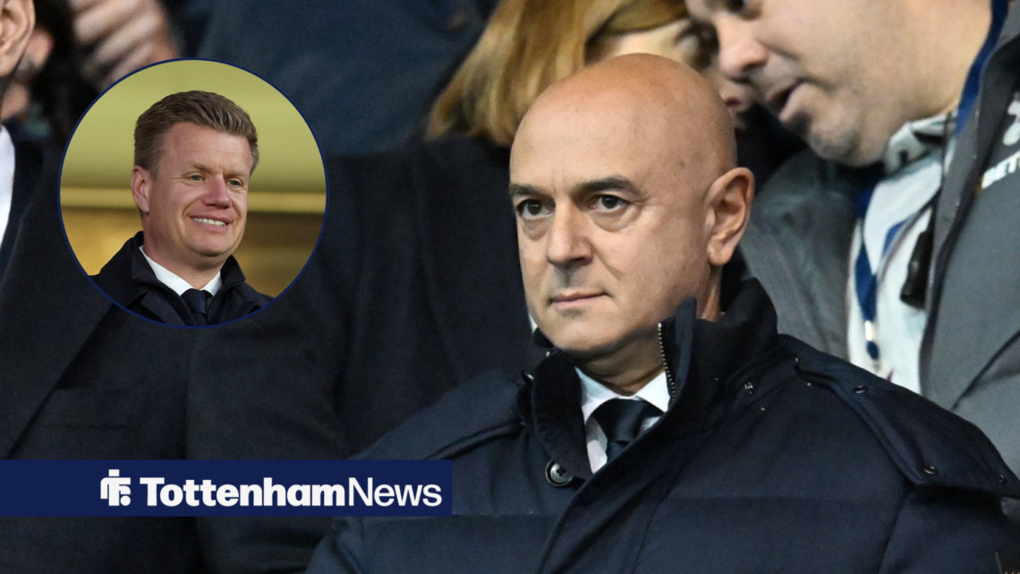 Tottenham chairman Daniel Levy appearing stern and Johan Lange in circular inset