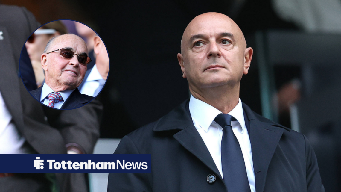 Former Tottenham chairman Daniel Levy looking sternly at Joe Lewis in circular inset
