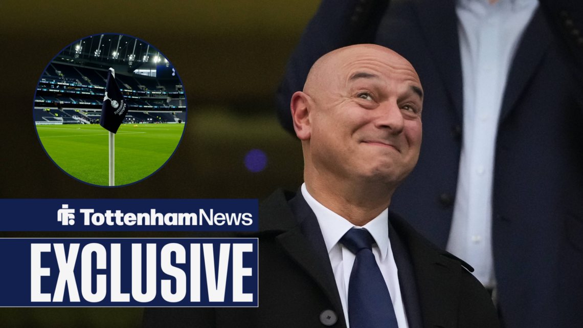 Ex-Spurs chairman Daniel Levy beaming at Tottenham Hotspur Stadium in circular inset