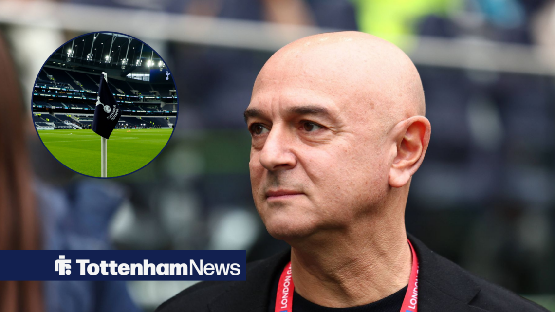 Former Tottenham chairman Daniel Levy looking intently at Tottenham Hotspur Stadium in circular inset