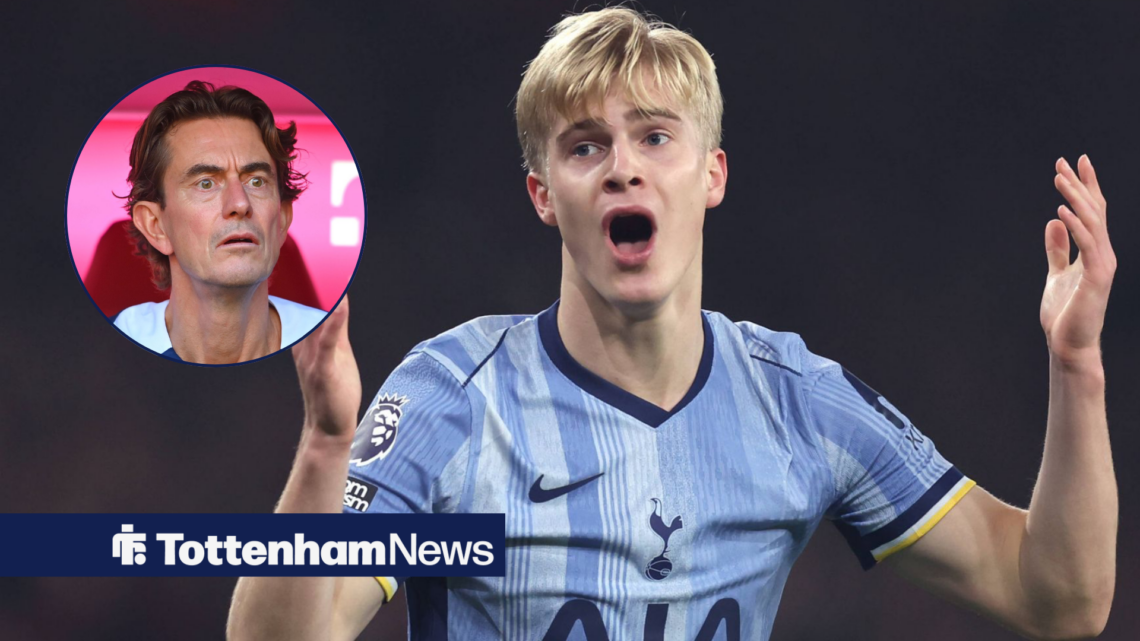Lucas Bergvall flails his arms in frustration during a game for Tottenham, as manager Thomas Frank watches on with a concerned expression in a circ...
