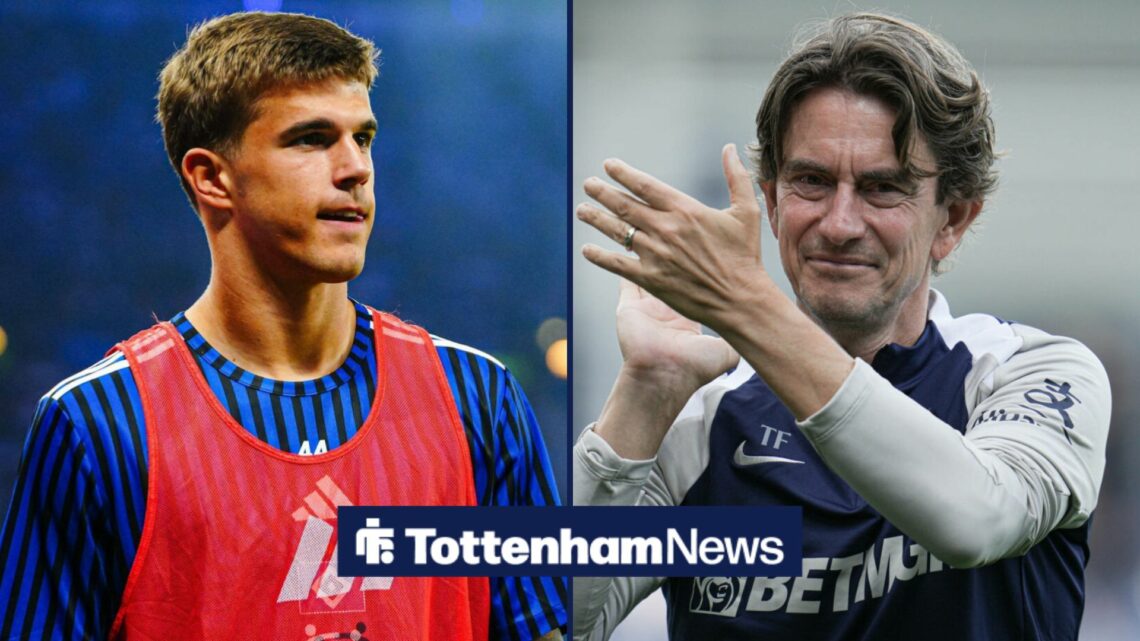 A split image as Luka Vuskovic stares across the right half whilst warming up for Hamburg, where Tottenham manager Thomas Frank smiles and applauds.