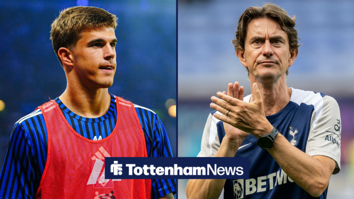 A split image as on-loan Tottenham star Luka Vuskovic stares across at Tottenham manager Thomas Frank, who stands and applauds with a stern express...