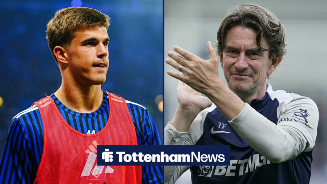 A split image as Luka Vuskovic warms up for Hamburg on the left side, while Tottenham manager Thomas Frank applauds on the right side.