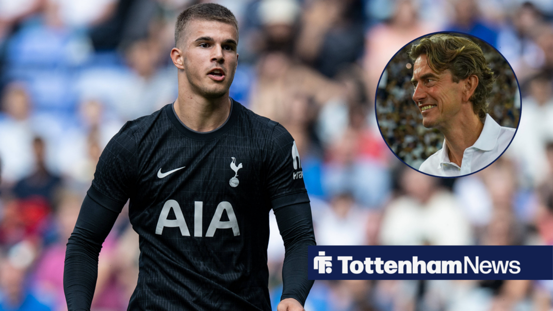Tottenham starlet Luka Vuskovic in action while manager Thomas Frank grins across from a circular inset.