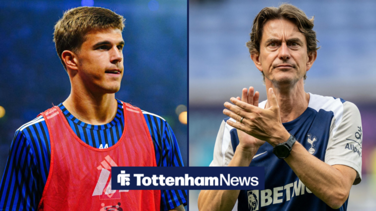 A split image as on-loan Tottenham star Luka Vuskovic stares across at Tottenham manager Thomas Frank, who stands and applauds with a stern express...