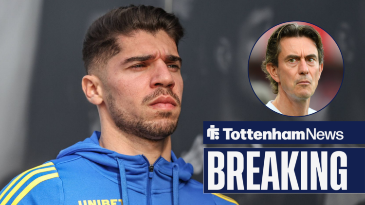 Breaking News as Manor Solomon arrives at a game during his Leeds loan spell, as Tottenham manager Thomas Frank glares at him from a circular inset.