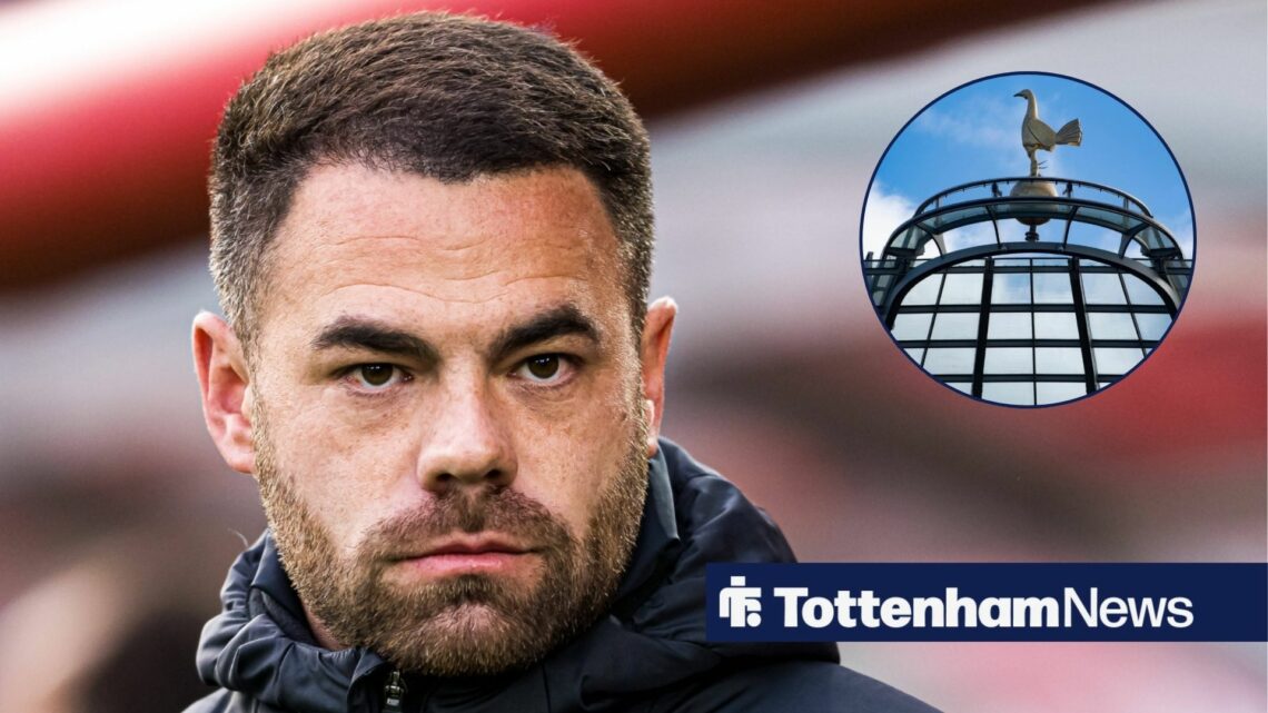 Tottenham Women manager Martin Ho looking focused and Tottenham Hotspur Stadium cockerel in circular inset