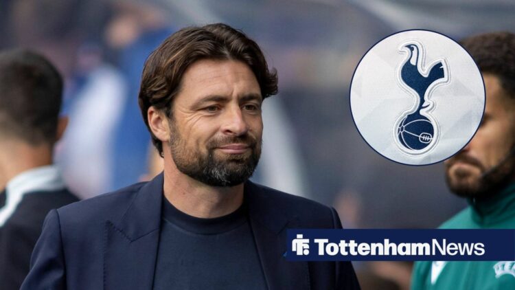 Rangers boss Russell Martin pulling an amused face and Tottenham logo in circular inset