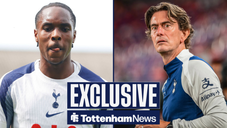 Tottenham News exclusive as Mathys Tel stares at the floor in one half of the image while Thomas Frank glances over concernedly.