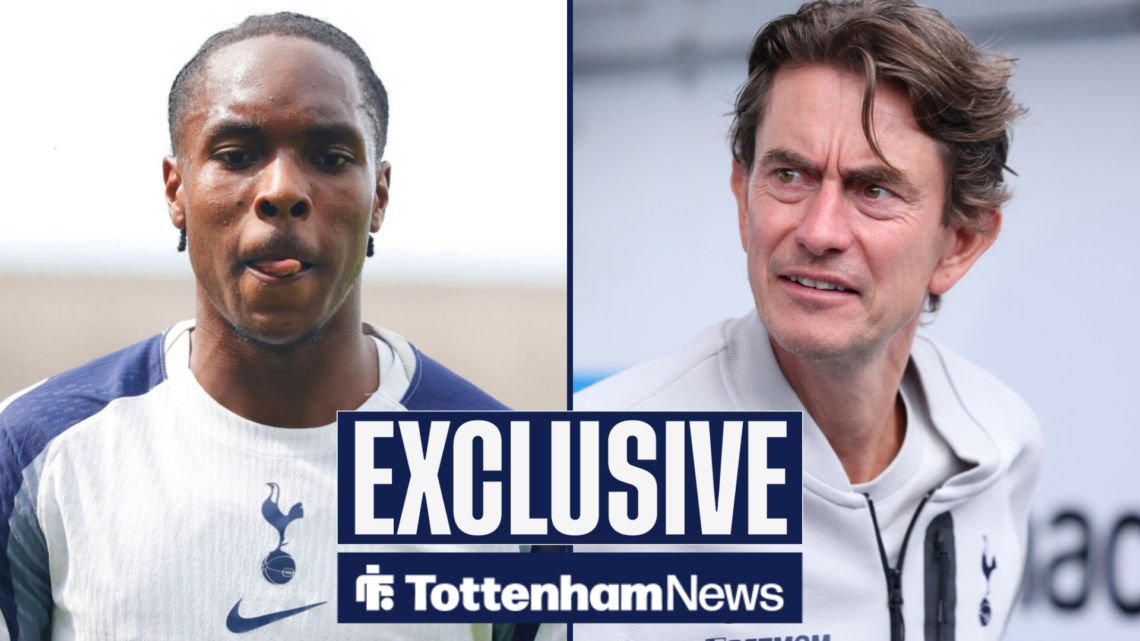 Tottenham News exclusive as Thomas Frank stares across a split image with a bemused expression on his face, as Tottenham star Mathys Tel stares at ...