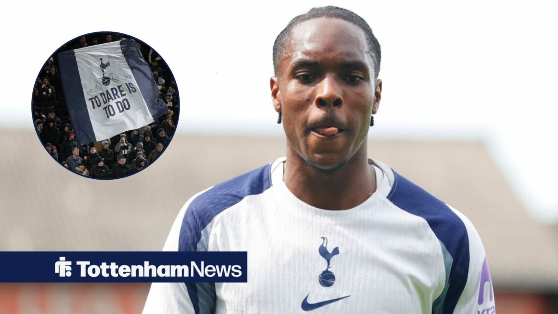 Mathys Tel stares at the ground while in action for Tottenham, as Spurs fans wave a giant flag in a circular inset.