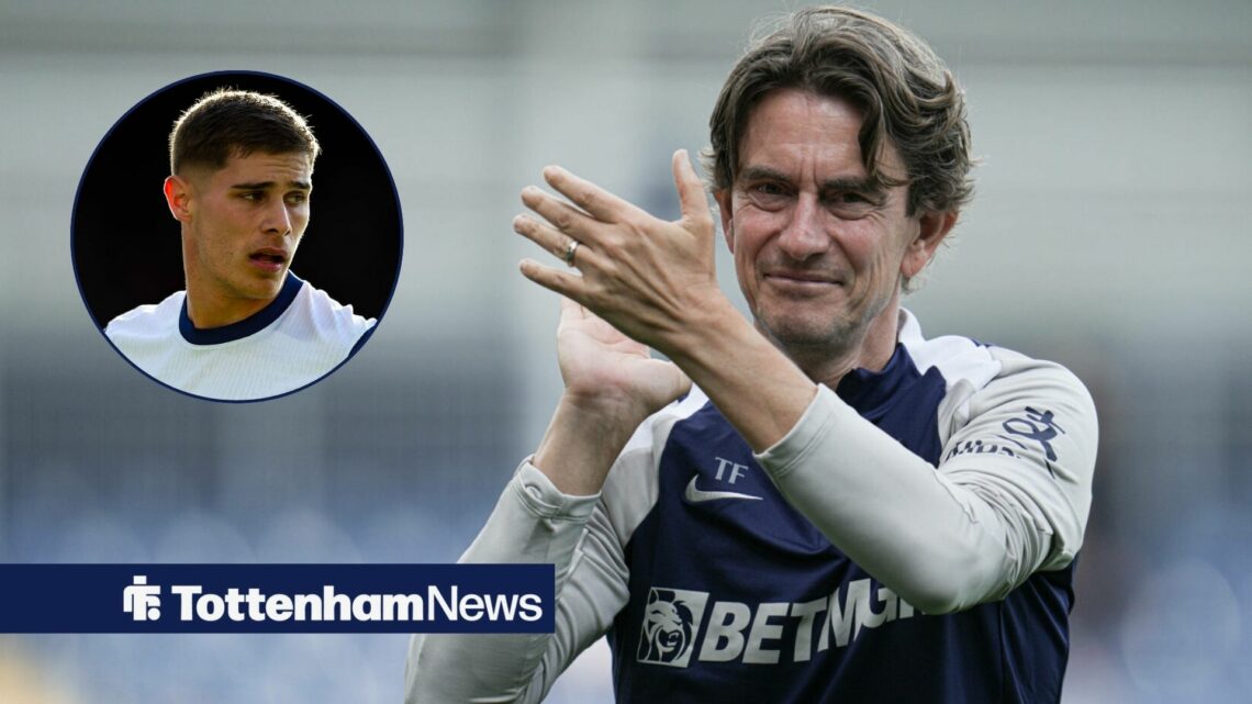 Tottenham manager Thomas Frank applauds in the direction of Micky van de Ven, who is in action in a circular inset.