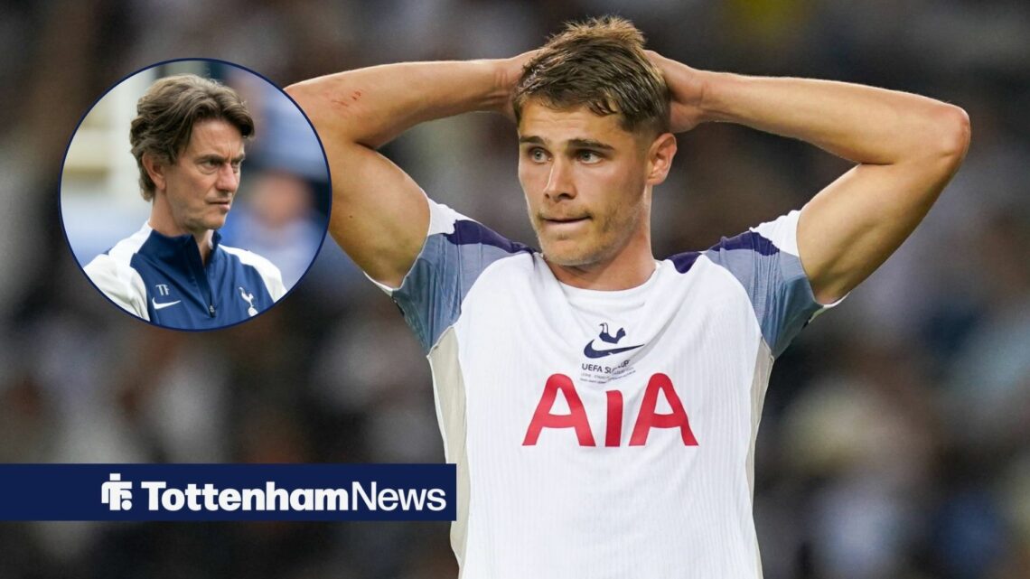 Micky van de Ven stands with his hands on his head during a game for Tottenham, as Thomas Frank watches on in a circular inset.